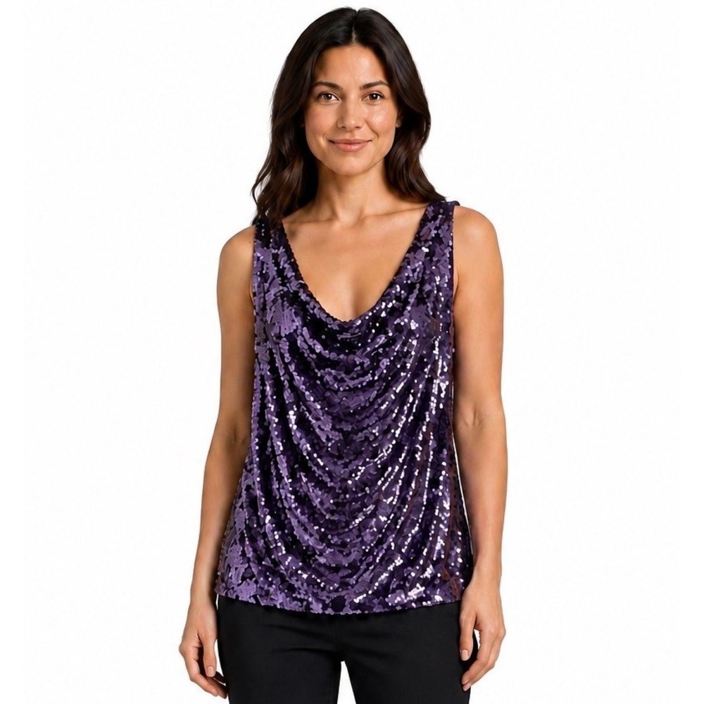 Dressbarn Purple Sequins Sleeveless Top Cowl Neck Size 1X Party Event Holiday